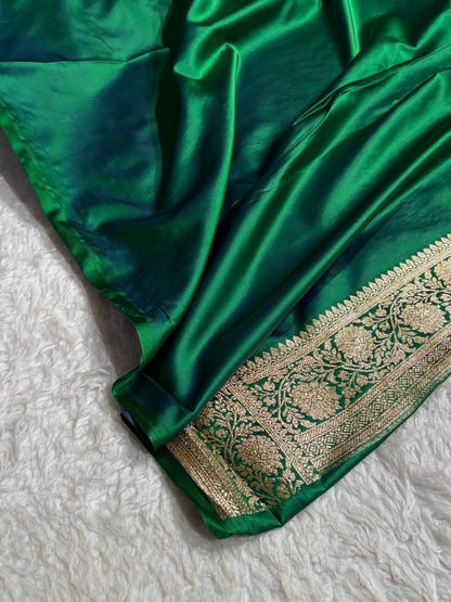 Banarasi Satin Katan Saree With Boota in Cross Green Shades SK108
