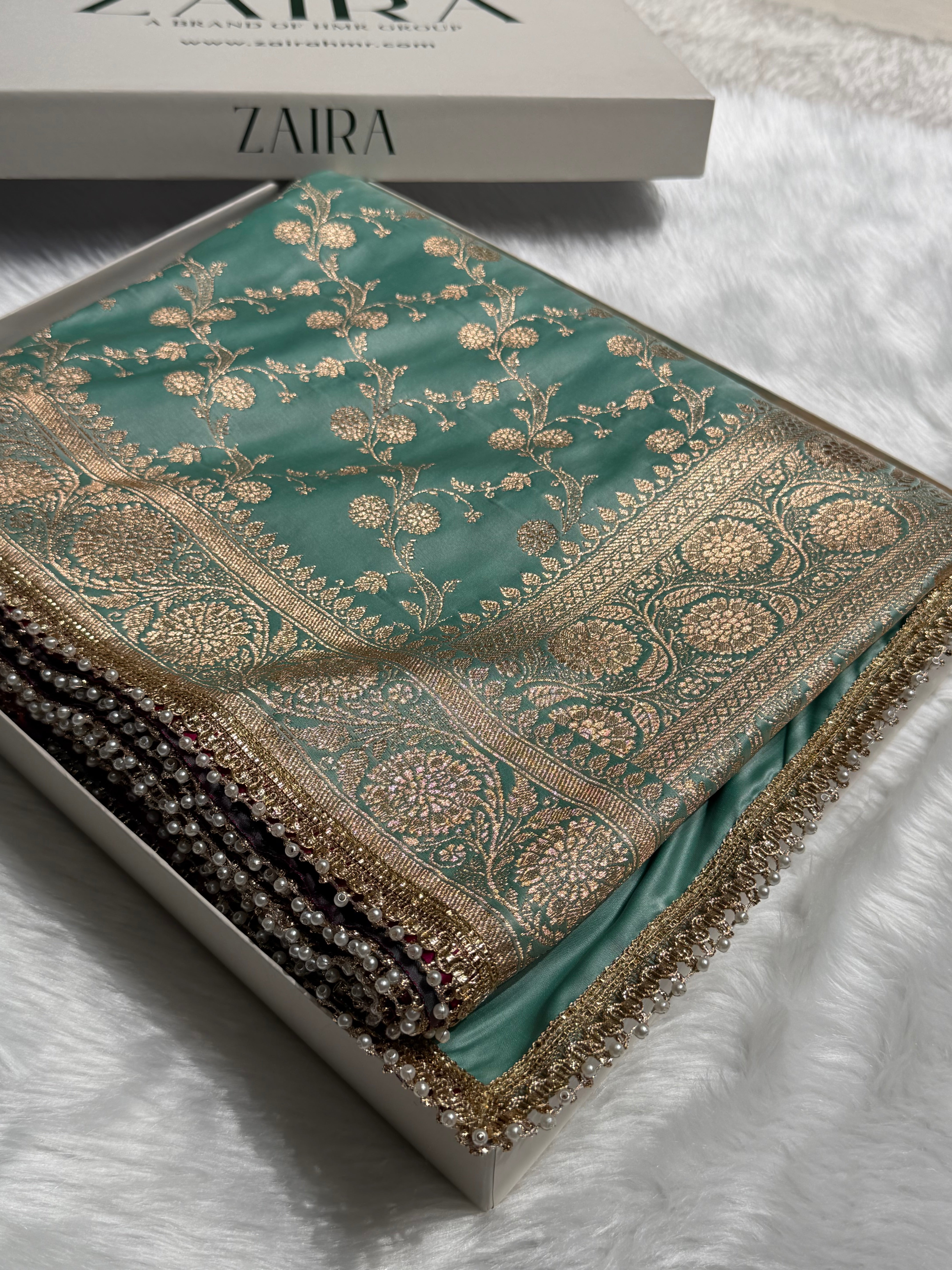 Sea Green Cross With Gotta Patti Satin Katan Silk Saree SKGP17