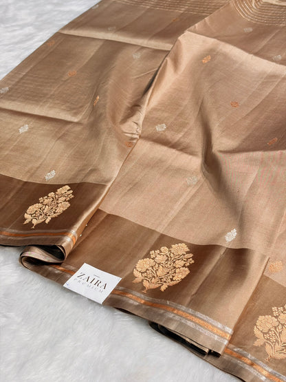 Beige Shades Meena Boota Handwoven Pure Katan Raw Mango Silk RM-01