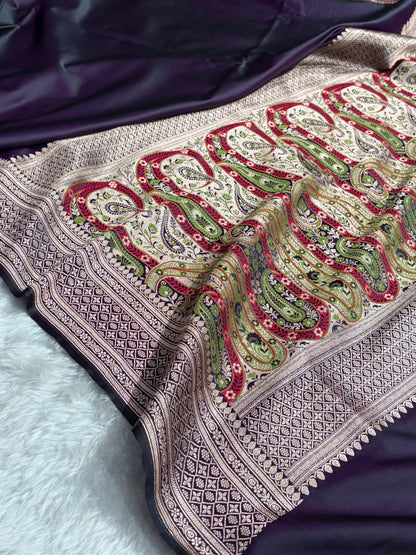 Banarasi Plain Cross Wine Shades With Minakari Pallu Mashru Silk Saree MS82