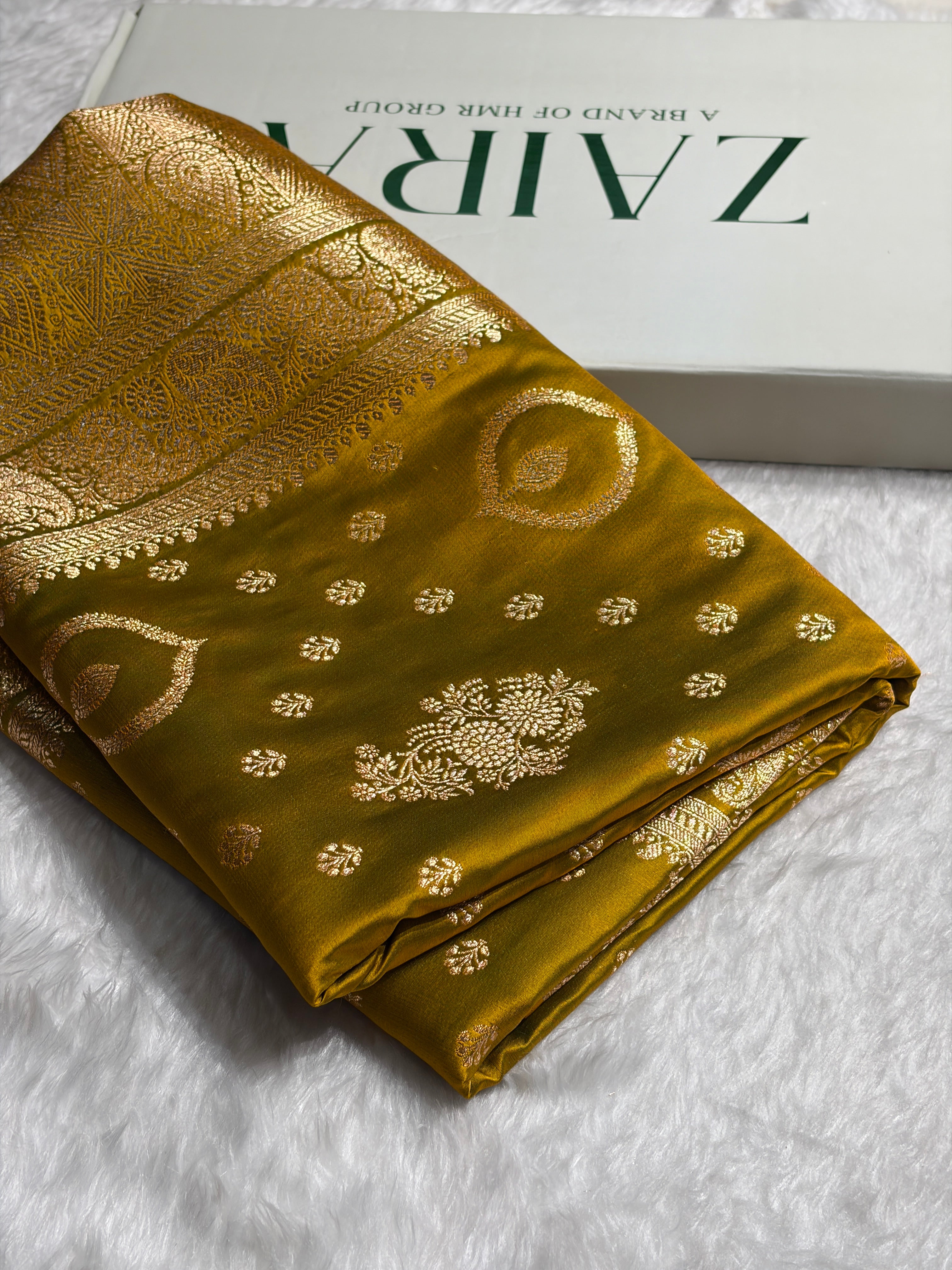 Banarasi Satin Katan Saree With Unique Boota in Liril Mehendi Shades SK92
