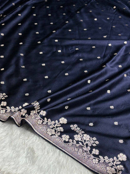 Navy Blue Shades Floral Border Booti Mashru Silk Saree MS75