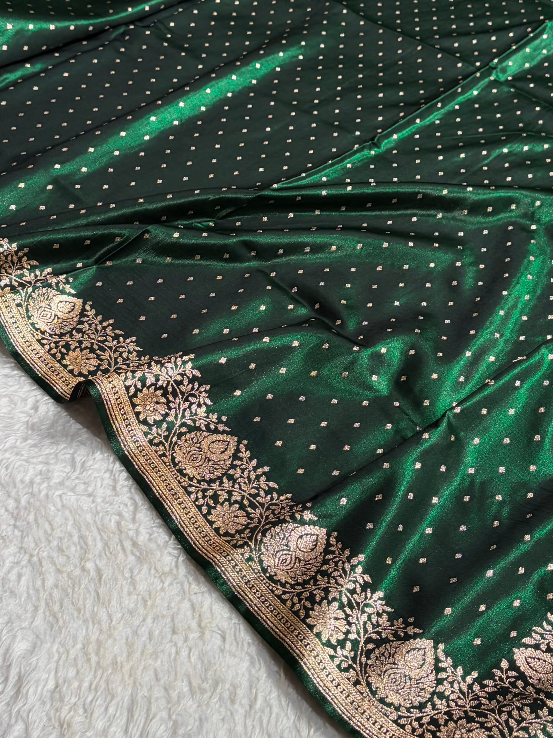 Satin Silk Saree Floral Boota in Bottle Green Shades SS28