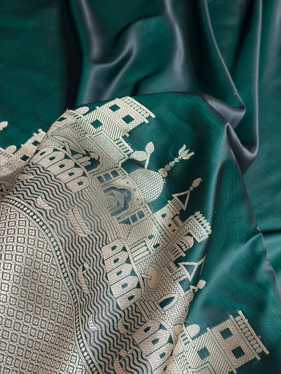 Dark Green Shades Ghat Pattern Satin Katan Silk Saree SK19
