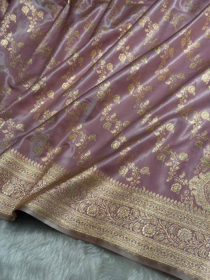 Blush Pink Shades Banarasi  Cross Jaal Satin Silk Saree SS11