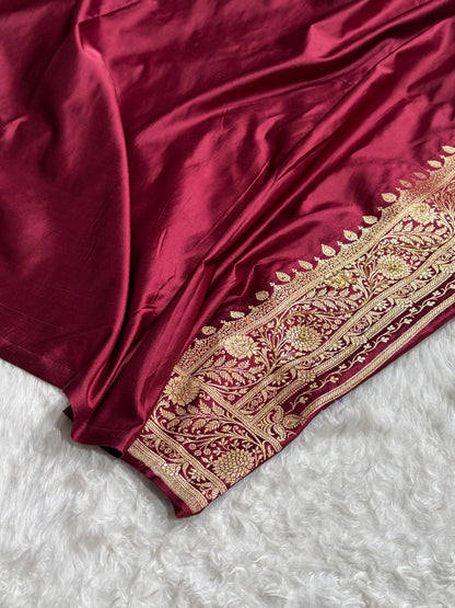 Garnet Shades Banarasi With Ari Zardozi Work Jaal Katan Silk Saree BSKM37