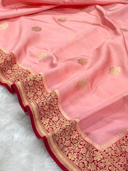 Banarasi Baby Pink With Maroon Contrast Shades Meenakari Boots Handwoven Pure Paper Silk Saree RM-90