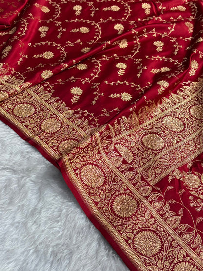 Maroon Shades Jaal Floral Pattern Satin Katan Silk Saree SK81