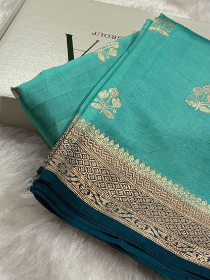 Banarasi Sea Green With Navy Blue Contrast Shades Handwoven Pure Paper Silk Saree RM-88