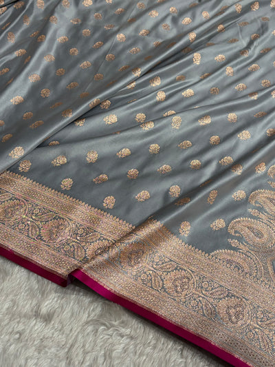 Floral boota Satin katan Silk Saree In Grey Shades SK12