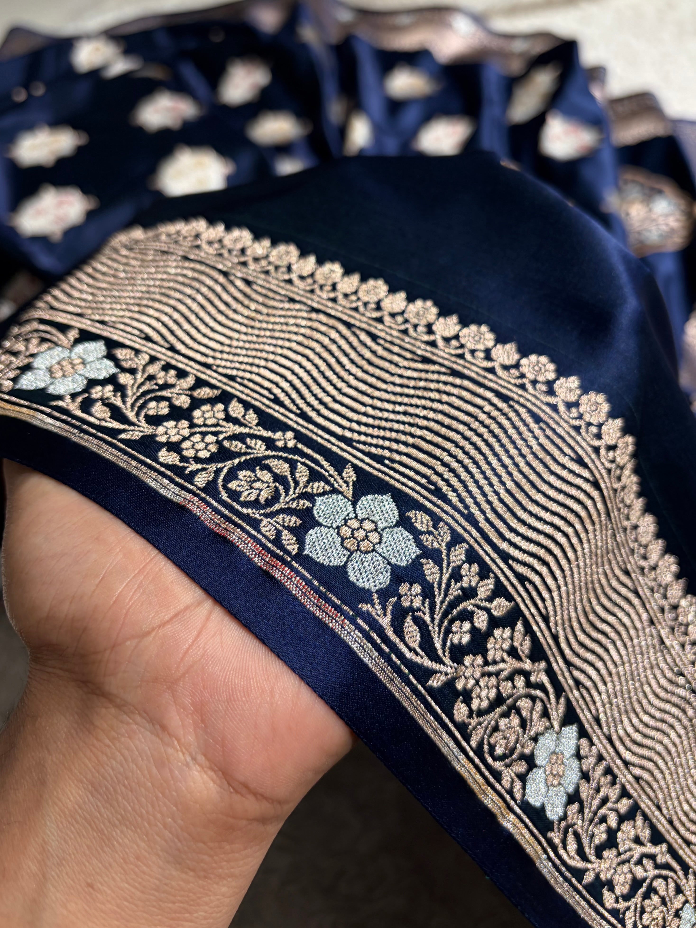 Premium Banarasi Satin Katan Saree Minakari Booti Pattern in Navy Blue Shades SK138