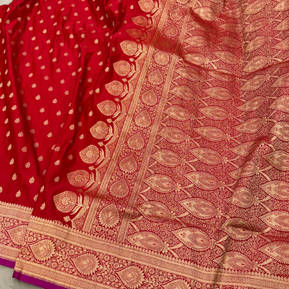 Cherry Red Booti Satin Katan Silk Saree