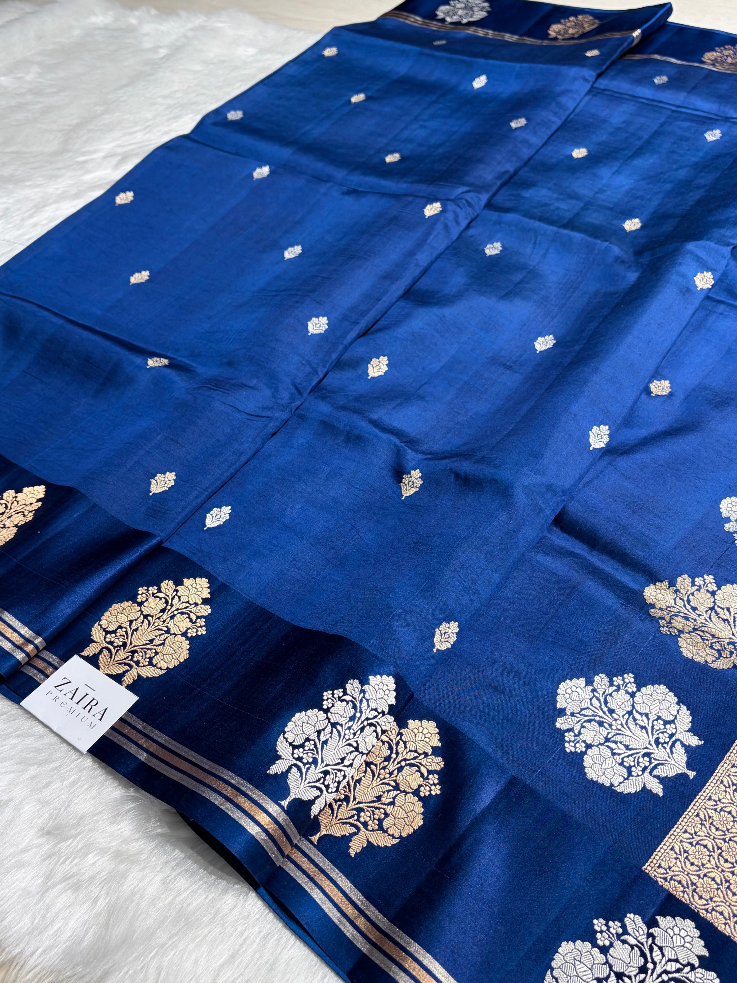 Royal Blue Shades Meena Boota Handwoven Pure Katan Raw Mango Silk RM-01