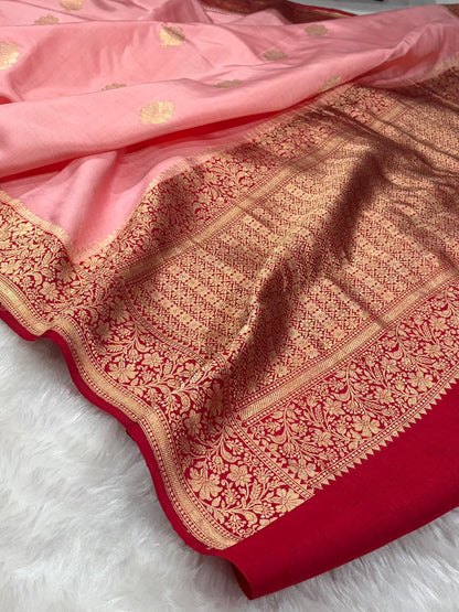 Banarasi Baby Pink With Maroon Contrast Shades Meenakari Boots Handwoven Pure Paper Silk Saree RM-90