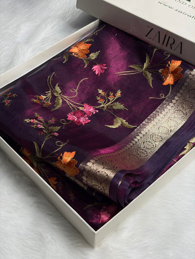 Wine Shades With Floral Embroidered Pure Tissue Silk Saree with Brocade Blouse PTE-09