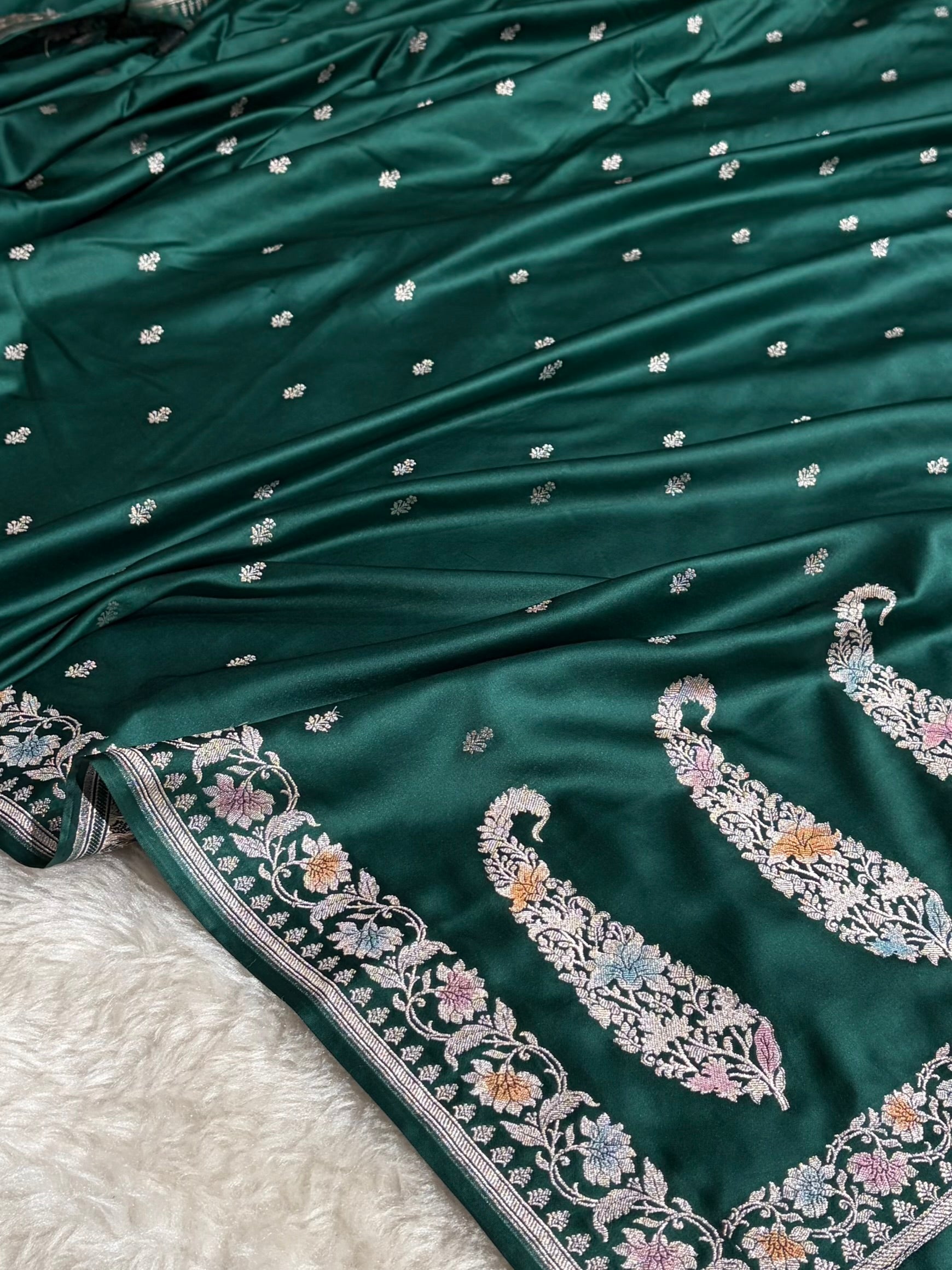 Banarasi Dark Rama Shades Minakari Floral Mashru Silk Saree MS88