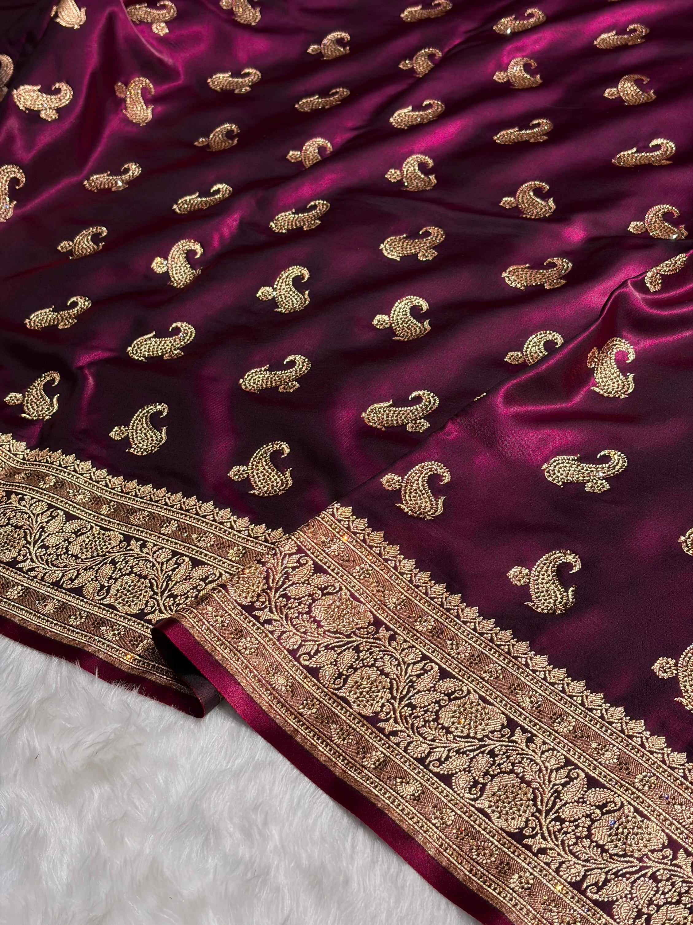 Satin Silk Saree Swarovski Work Floral Boota in Wine Shades BSS27