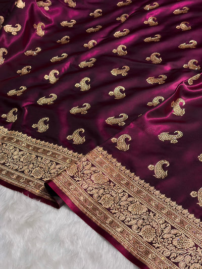 Satin Silk Saree Treditional Swarovski Work Floral Boota in Wine Shades BSS27