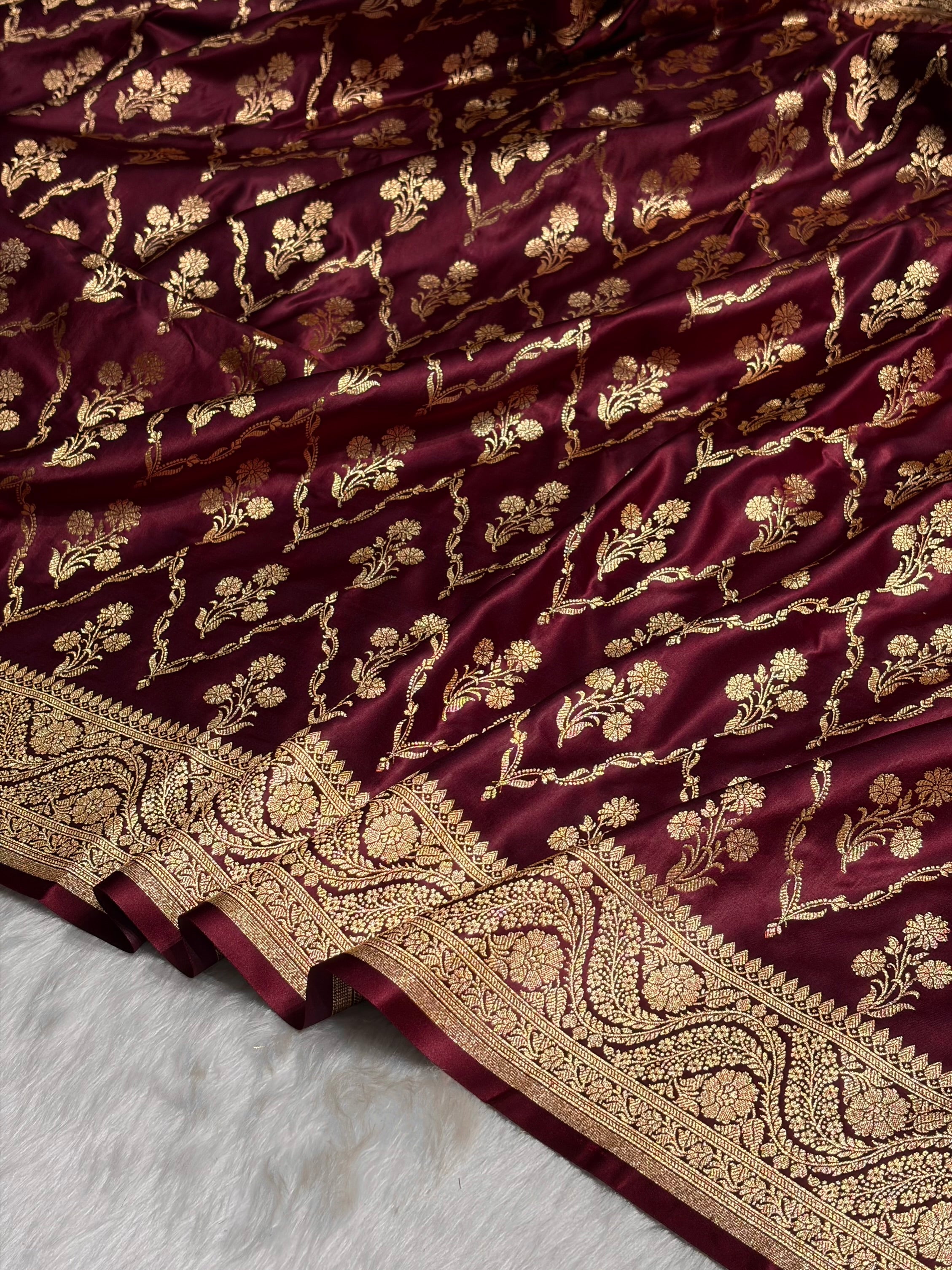 Garnet Cross with Boota Pattern Satin Katan Silk Saree SK67