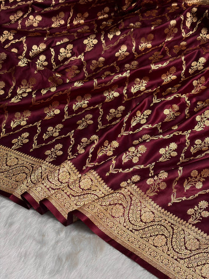 Garnet Cross with Boota Pattern Satin Katan Silk Saree SK67