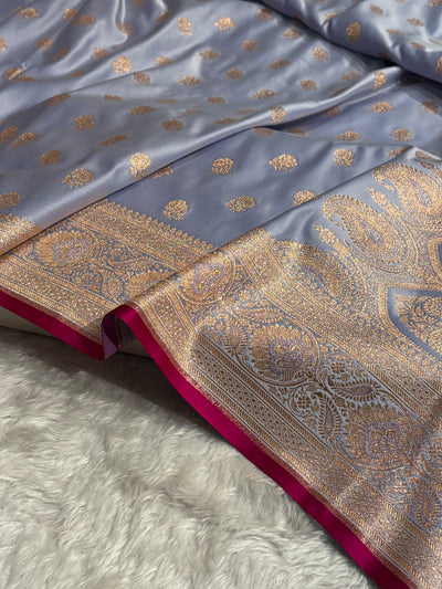 Floral boota Satin katan Silk Saree In Powder Blue Shades SK12