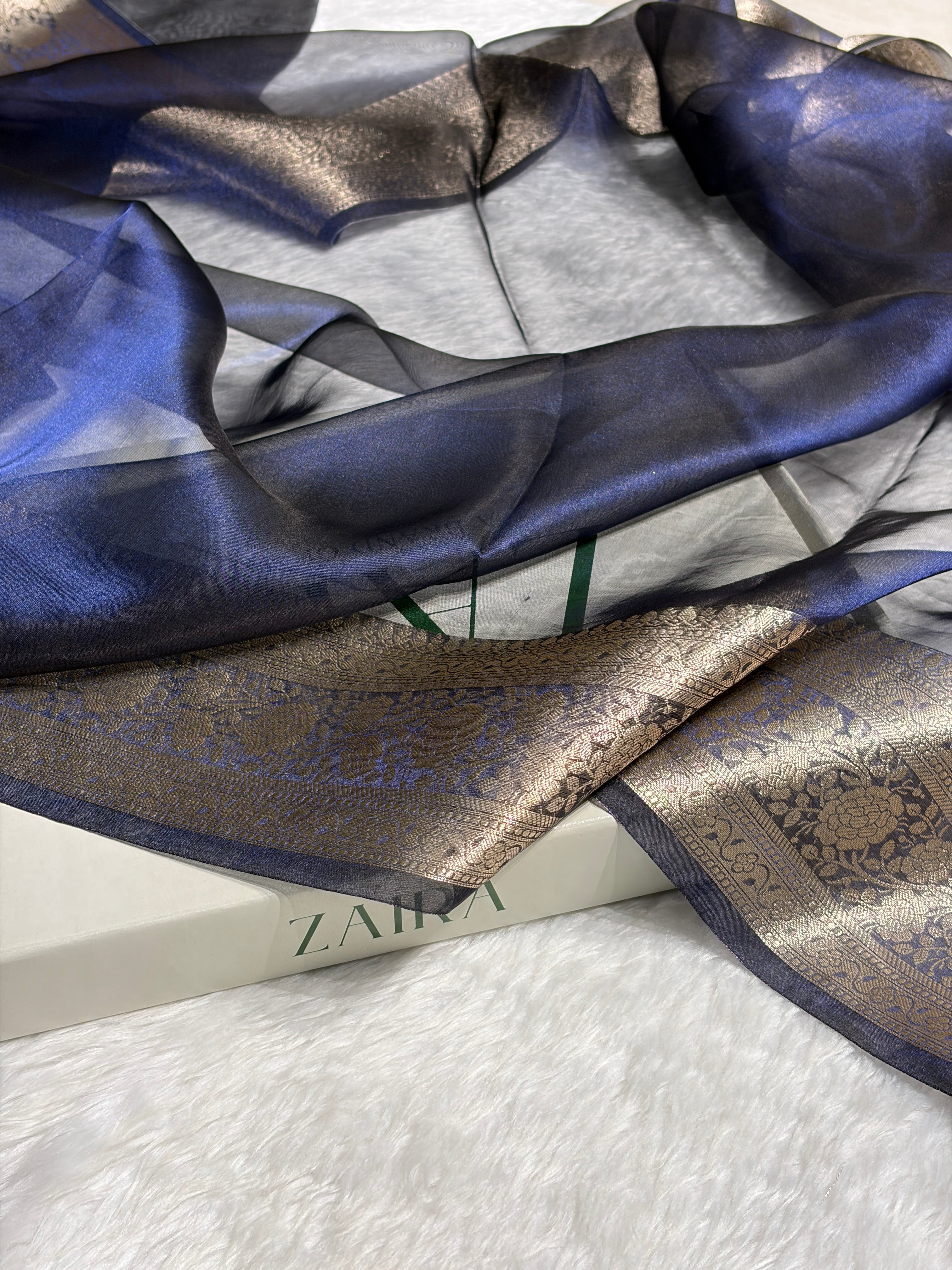 Navy Blue Shades Pure Tissue Silk Saree with Brocade Blouse PT-08