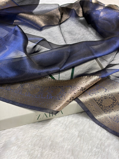 Navy Blue Shades Pure Tissue Silk Saree with Brocade Blouse PT-08