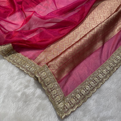 Semi Pure Tissue Silk Saree with Heavy Gotta Patti in Ruby Pink Shades TGP09