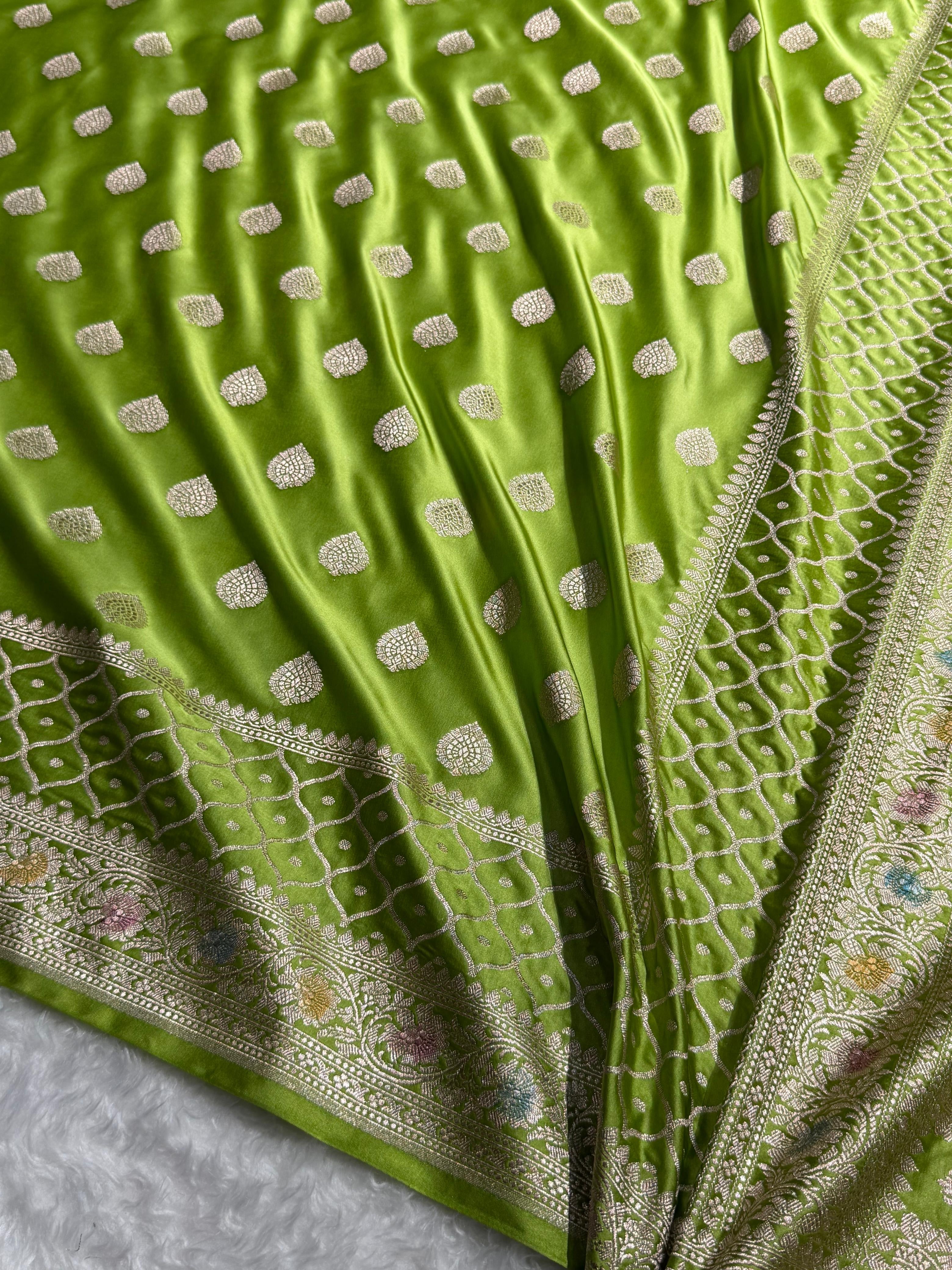 Banarasi Floral Booti Pattern in Parrot Green Shades Floral Mashru Silk Saree MCS103