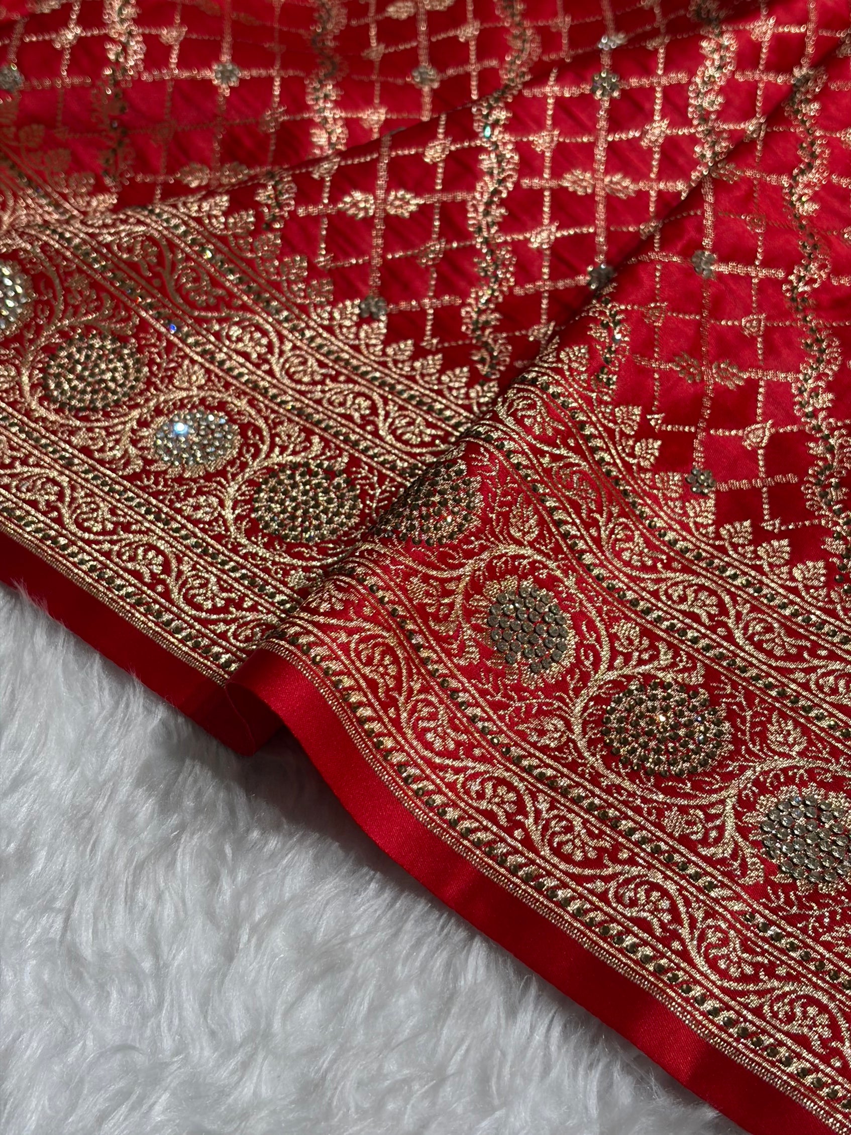 Red Banarasi Brocade With Swarovski Work Soft Katan Silk Saree - BSK44