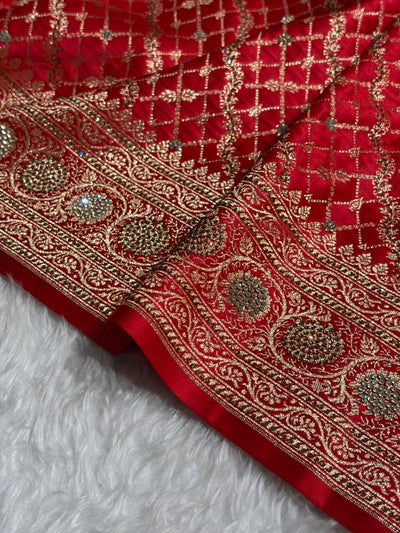 Red Banarasi Brocade With Swarovski Work Soft Katan Silk Saree - BSK44