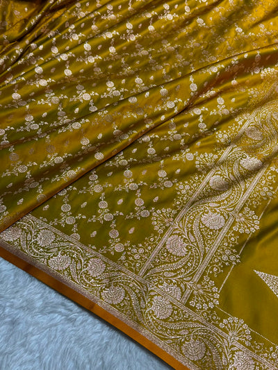 Banarasi Satin Katan Saree Jaal Pattern In Liril Mahndi Shades SK133
