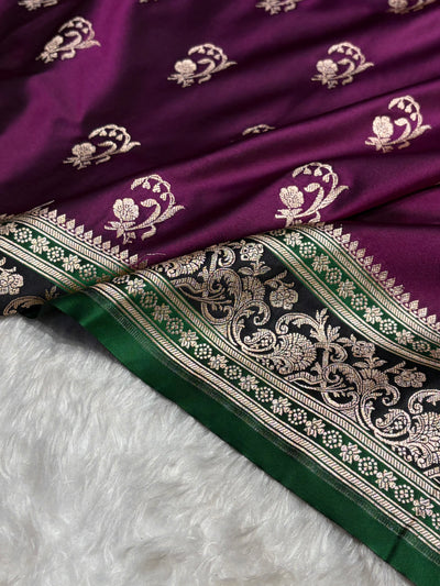 Banarasi Wine With Contrast Green Floral Border Mashru Silk Saree MSM-100