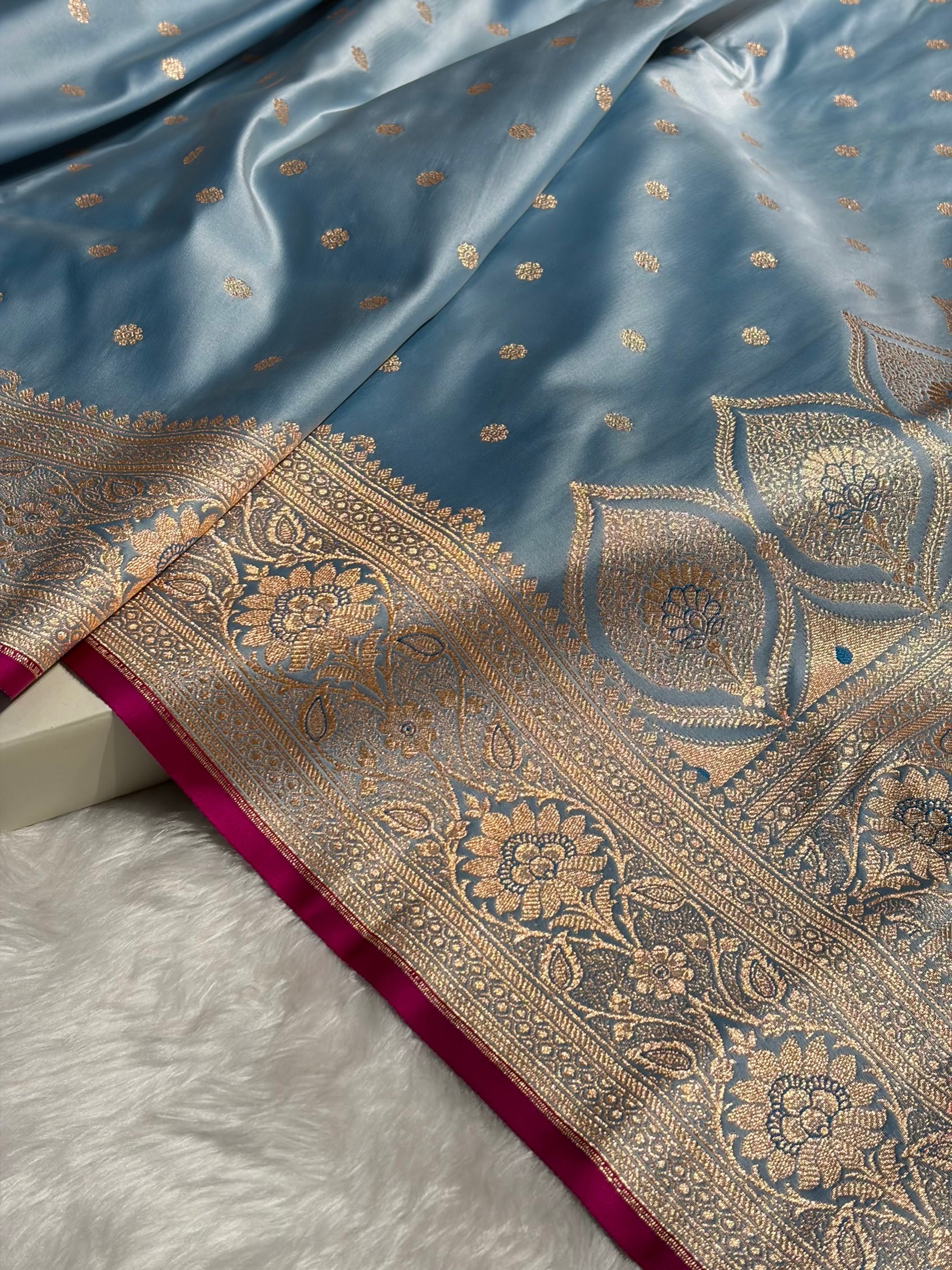 Banarasi Powder Blue Booti Satin katan Silk Saree SK11