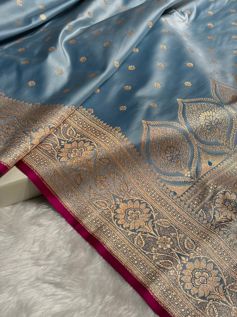 Banarasi Powder Blue Booti Satin katan Silk Saree SK11