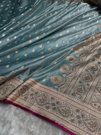 Turquoise Swarovski Work Booti Satin Katan Silk Saree BSK10 (W)