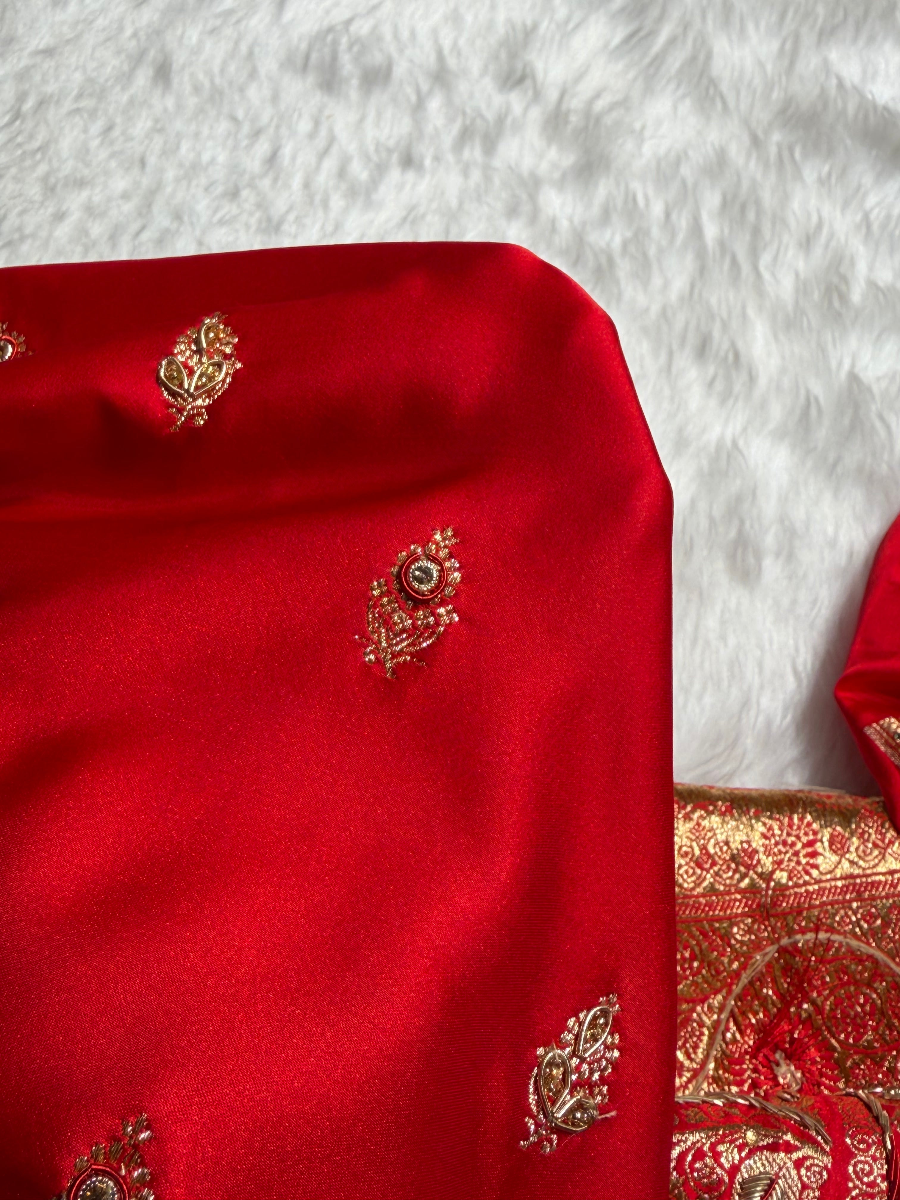Banarasi Bridal Red Work Pattern Satin Katan Silk Saree BSK82