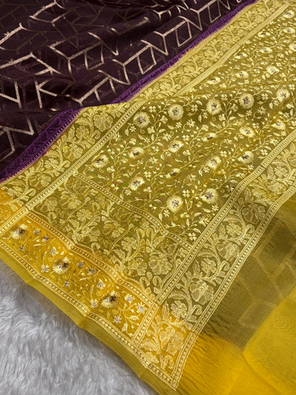 Banarasi Pure Organza Contrast Chocolate With Yellow Shades Banarasi Silk Saree PO-43
