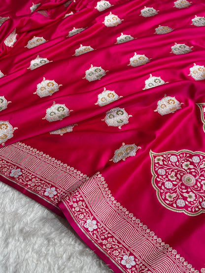 Premium Banarasi Satin Katan Saree Minakari Booti Pattern in Rani Shades SK138