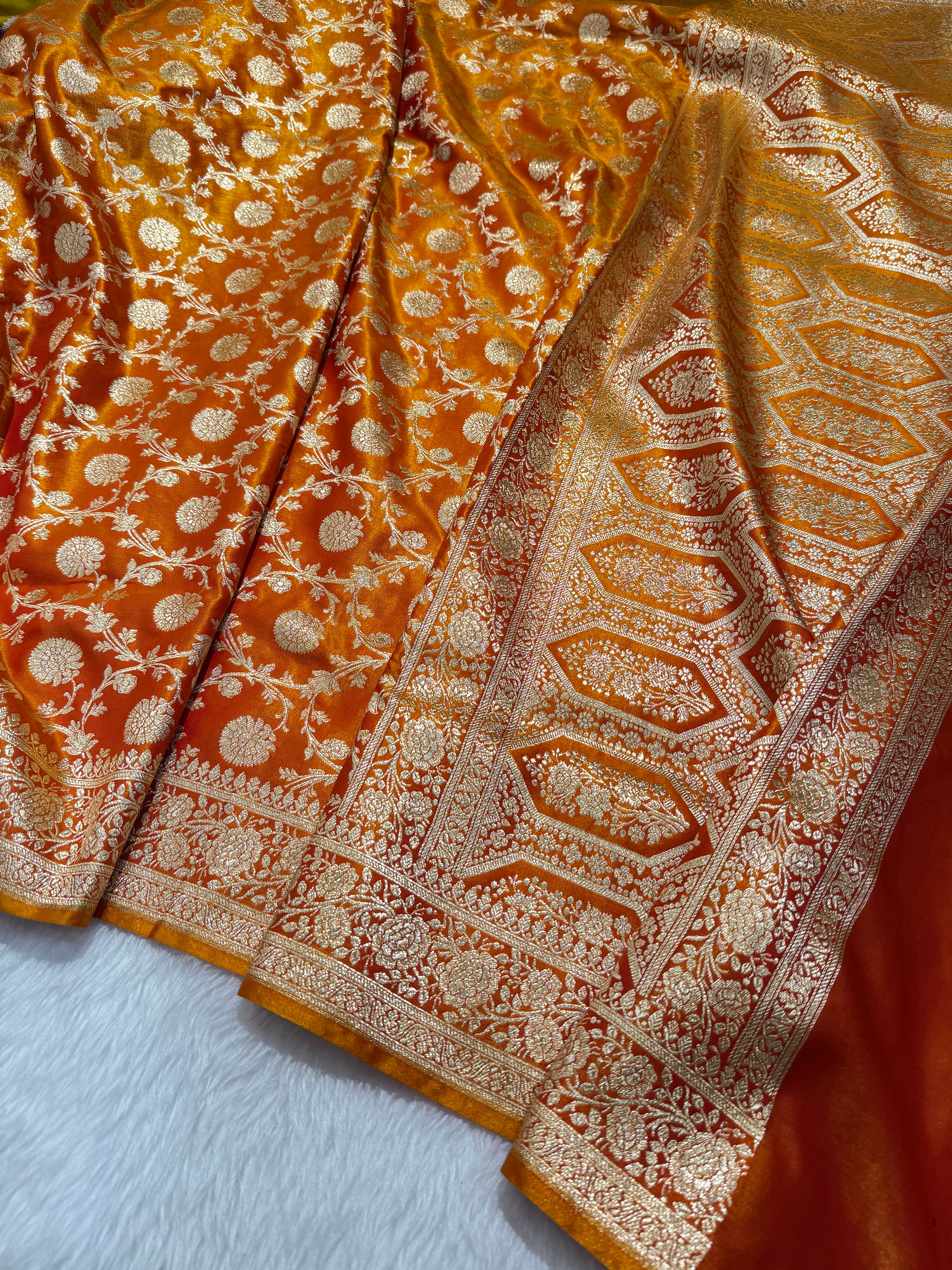 Light Weight Orange Gold Satin Silk Saree