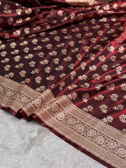 Maroon Shades Banarasi Satin Silk Saree SS34