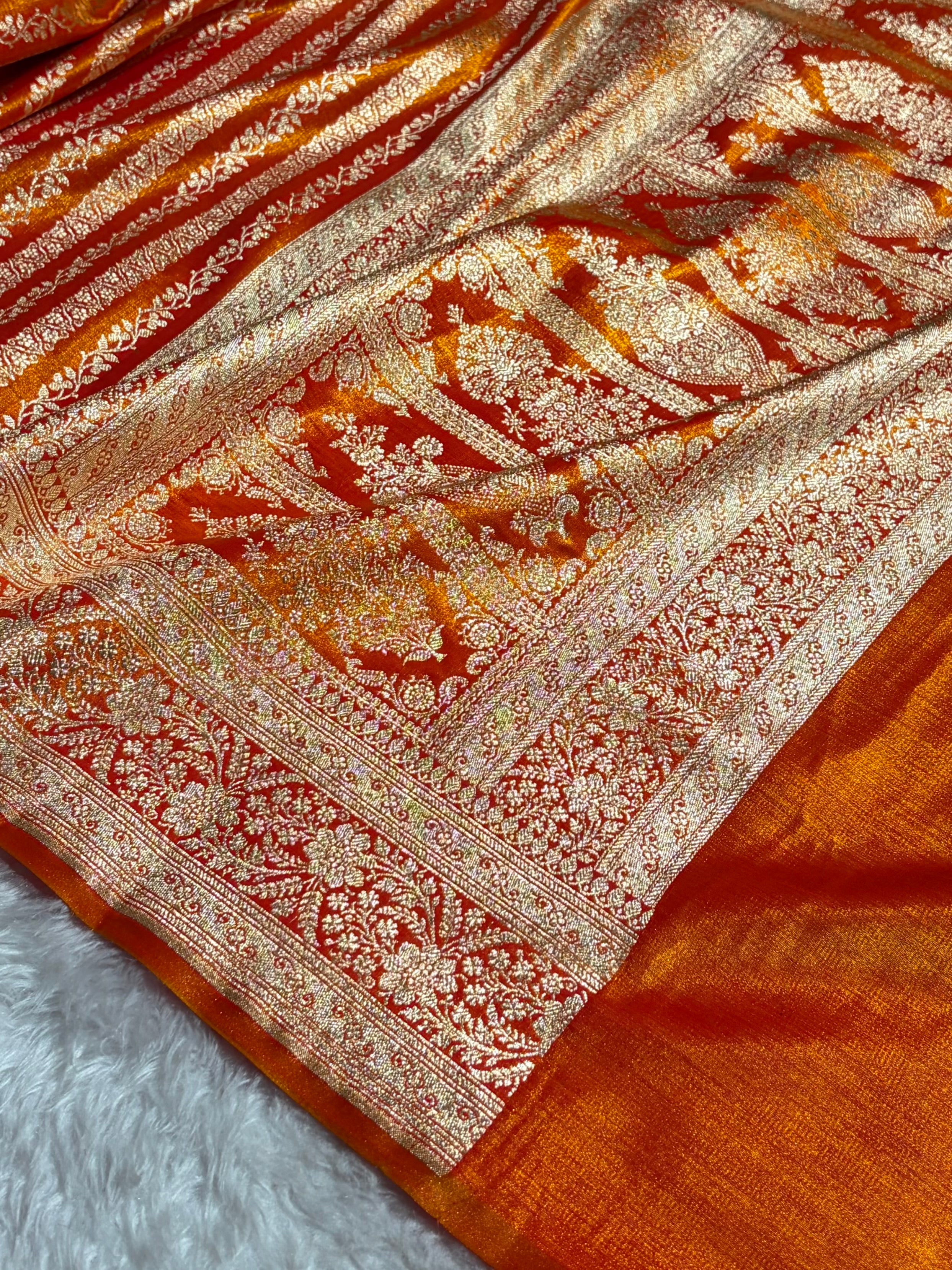 Fire Gold Shades Stripe Pattern Banarasi Satin Silk Saree SS46