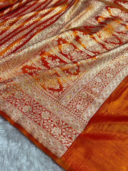 Fire Gold Shades Stripe Pattern Banarasi Satin Silk Saree SS46