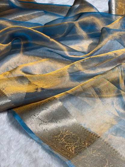 Goldish Firozi Shades Banarasi Pure Tissue Silk Saree with Brocade Blouse PT-18