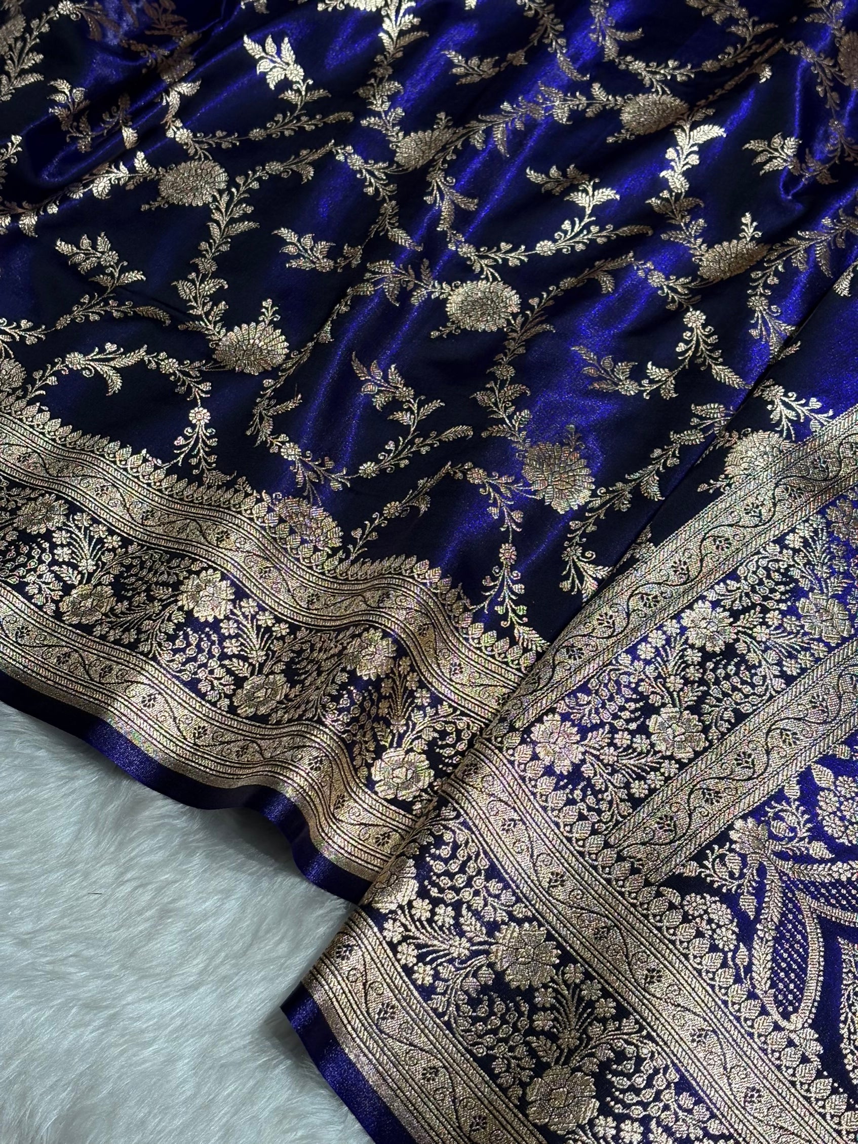 Satin Silk Banarasi Jaal in Dark Royal Blue Shades SS14