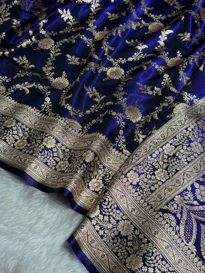 Satin Silk Banarasi Jaal in Dark Royal Blue Shades SS14