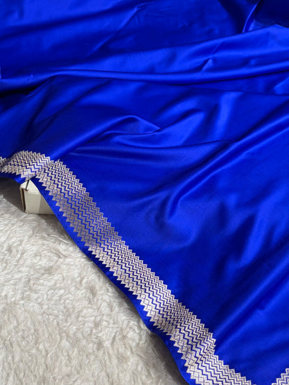Premium Banarasi Satin Katan Saree Plain With Tanchoi Blouse in Royal Blue Shades SK129