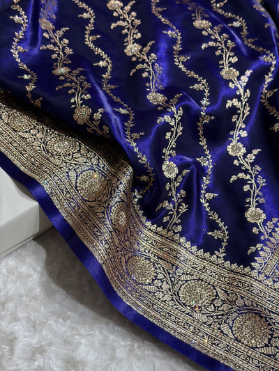 Satin Silk Cross Pattern With Swarovski Work in Royal Blue Shades BSS37