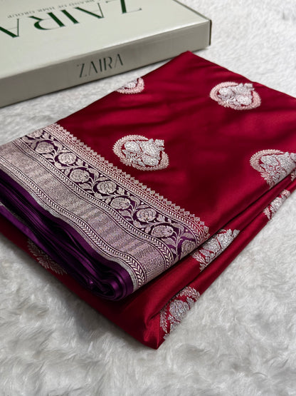 Banarasi Contrast Maroon With Wine Minakari Boota Mashru Silk Saree MS35