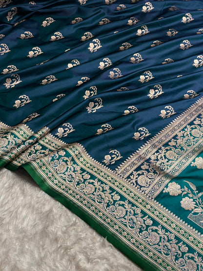 Banarasi Contrast Peacock With Rama Floral Border Mashru Silk Saree MSM-100